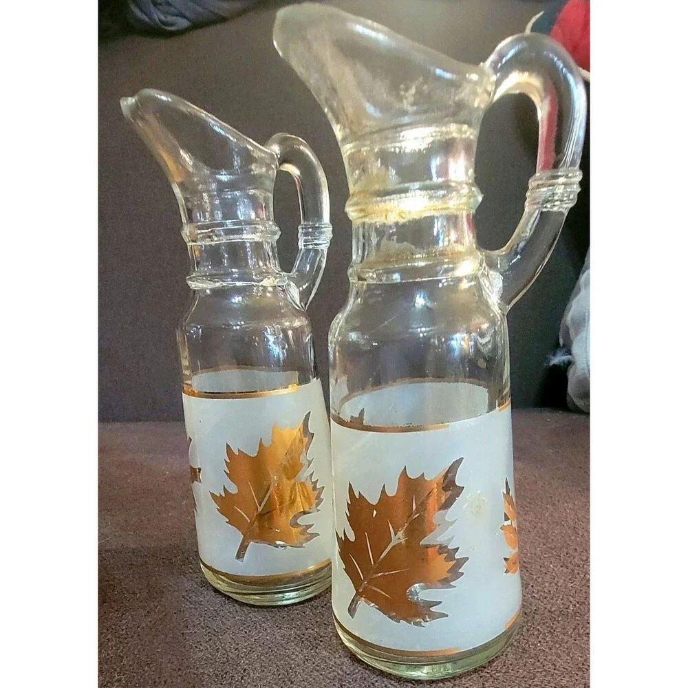 VTG Mid-Centry Frosted Cruet Oil Vinegar Set Gold Leaves Anchor Hocking Starlyte